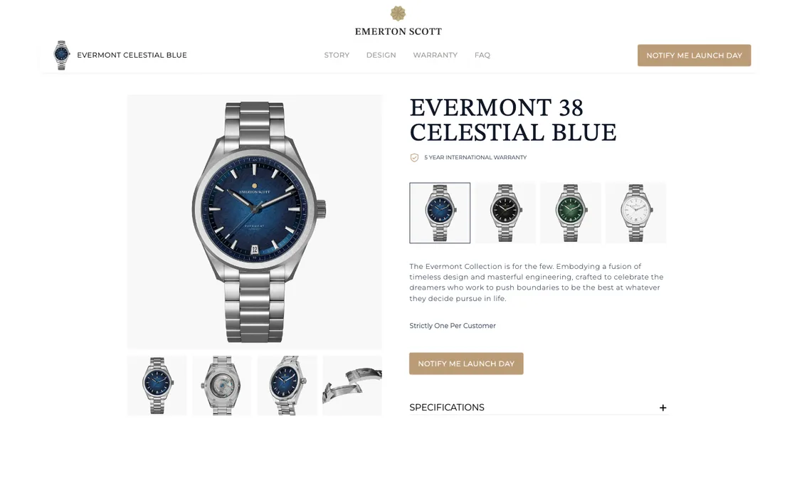 Reservation page of a watch brand's launch